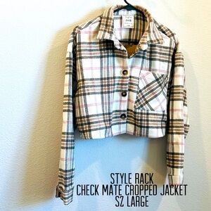 Style Rack women plaid white brown pink check mate crop jacket front button Sz L